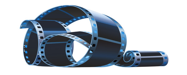 Blue glossy 3D film strip ribbon curled and looped, cinematic movie and photography media template isolated on white background with copy space