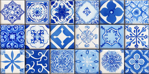 Colecci&oacute;n de veinte azulejos decorativos en azul y blanco con dise&ntilde;os florales, geom&eacute;tricos y abstractos, formando una cuadr&iacute;cula armoniosa que destaca artesan&iacute;a tradicional, est&eacute;tica ornamental
