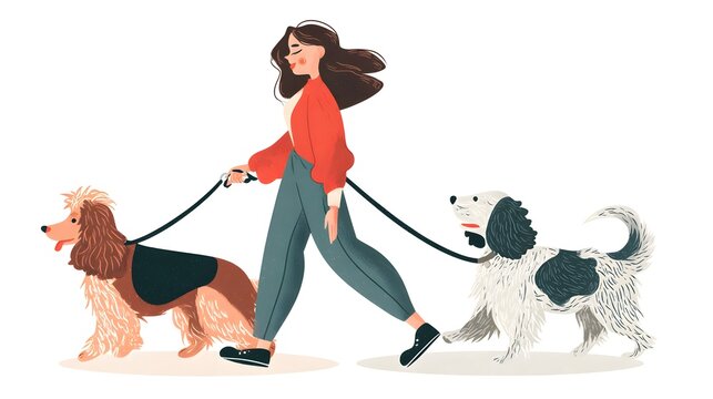 Woman Walking Two Dogs on Leashes Illustration.