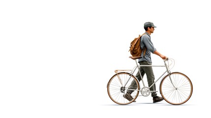 Young man with backpack walking alongside his bicycle on a white background.