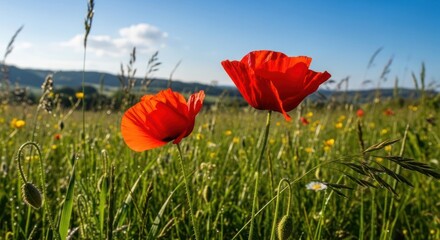 Obraz premium Red Poppies Blooming in Green Field.