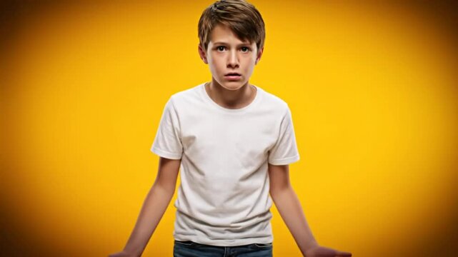 Confused and Disappointed Young Boy Wearing a White T-Shirt and Jeans Reacts to Something Unclear