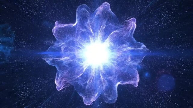 Abstract particle collision with explosion, energy burst in space background, digital animation for futuristic concept