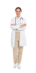 Smiling doctor in medical uniform with stethoscope and crossed arms on white background