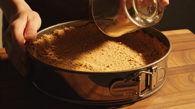 A person presses graham cracker crumbs into a cake pan on a wood board, bathed in warm light