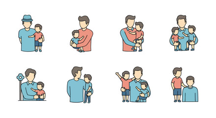 Fototapeta premium Set of father and son icons showing love, bonding, care, and family connection in different poses and interactions, perfect for parenting and family content