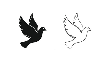 Fototapeta premium Flying Dove Vector Icon Set: Black Silhouette and Outline Style for Peace, Freedom, and Spirituality Concepts