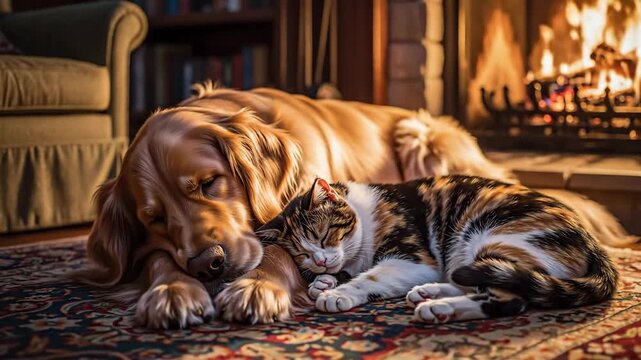 Cozy scene shows a dog and cat snuggled together in front of a fireplace with books on a shelf in the background