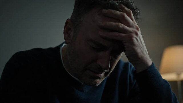 Distressed Man Experiencing Grief or Pain Expressed Through Sadness and Struggle with Mental Health