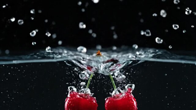 Slow motion shot of two juicy red cherries splashing into water against a black background