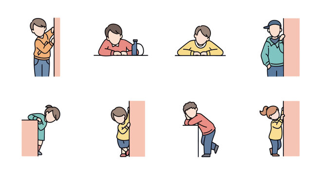 Cartoon illustrations of children peeking and leaning on walls with curious and playful expressions, perfect for educational and playful content