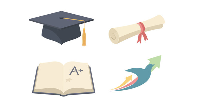Education icons set including graduation cap, diploma scroll, book with A+ grade, and arrow bird symbolizing success and achievement