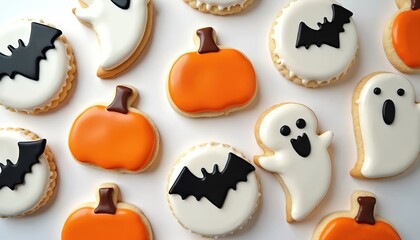Fototapeta premium Cute Halloween cookies shaped like ghosts, pumpkins, and bats. Festive treats are decorated with colorful icing, perfect for holiday parties and autumn celebrations. Enjoy sweet baked goods.