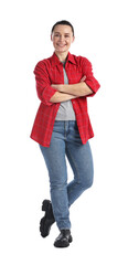 Fototapeta premium Happy long-haul truck driver in checkered shirt on white background