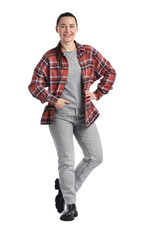 Fototapeta premium Happy long-haul truck driver in checkered shirt on white background