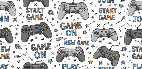 Gaming Controller Seamless Pattern with Start Game and Play Text for Video Game Background Gamer Wallpaper and Esports Design © MDMAHADI
