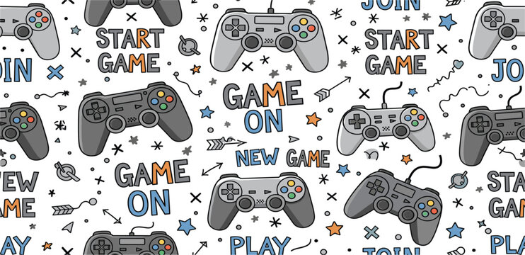 Gaming Controller Seamless Pattern with Start Game and Play Text for Video Game Background Gamer Wallpaper and Esports Design