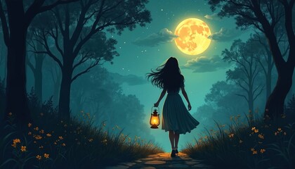 Fototapeta premium Woman walks with lantern at night in forest under big moon. Girl on path with glowing lamp beside yellow flowers. Trees and stars in sky create mystery mood.
