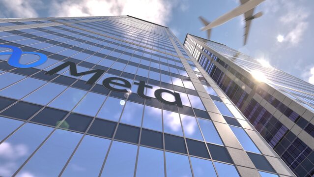 Meta name applied to the surface of a mirrored highrise, in an illustrative editorial 3d rendering
