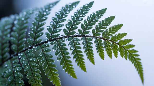 green fern leaf with crystal water droplets, macro nature background, fresh dew drops on forest plant, botanical foliage, rain drops on organic fern frond, spring morning dew, herbal greenery, macro.
