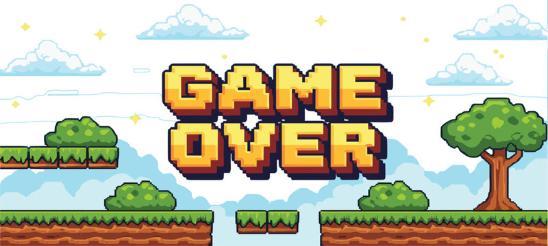 Game Over Pixel Art Background with Retro 8 Bit Landscape, Platform Tiles and Bold Arcade Typography for Classic Video Game Design