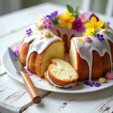 Bundt cake with white icing and edible flowers on a plate. A slice is cut showing the fluffy texture. This festive dessert is perfect for spring holidays and celebrations.