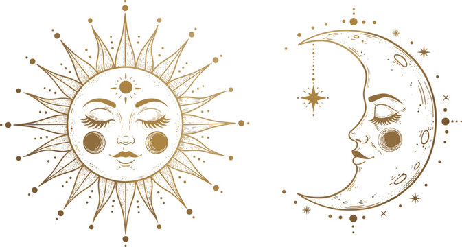 Vintage Sun and Moon Face Illustration with Celestial Stars Mystical Boho Astrology Vector Design Set