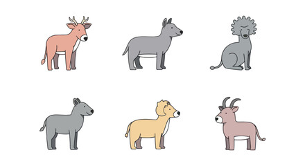 Cute cartoon wild animal illustrations including deer, hyena, lion, goat, and poodle in simple flat style for kids projects and educational use