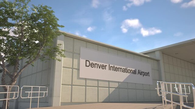 Denver International Airport entrance sign and airplane passing above on a summer day, Denver, United States