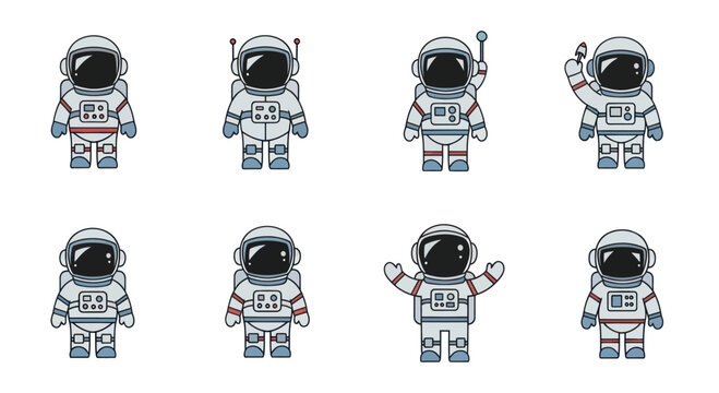 Cute cartoon astronauts in different poses and suits with space helmets, ideal for children's space or science projects and educational content