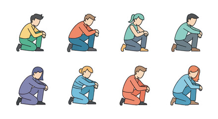 Set of diverse people kneeling in thoughtful poses, various colors and hairstyles, simple flat design, ideal for presentations and illustrations