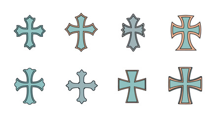 Obraz premium Set of eight decorative crosses with pastel blue and brown outlines, various medieval and vintage styles, ideal for religious or design projects