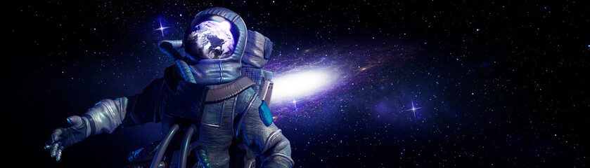 Fototapeta premium Astronaut in space. Astronomical object reflecting in helmet of his spacesuit