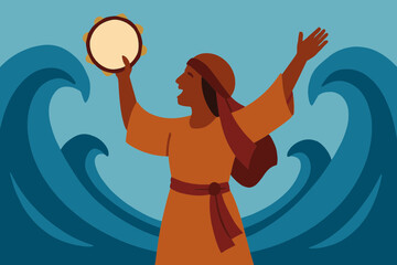 Miriam's Tambourine and Red Sea Parting Motif for Passover in Flat Vector Illustration © Bima