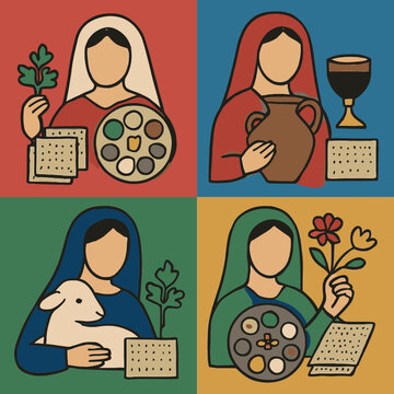 Four Matriarchs of Passover Eve Symbolic Portraits in Flat Vector Design