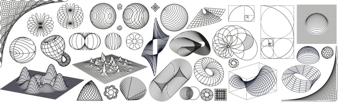 Geometric wireframe shapes. Abstract 3D grid line shapes and black linear outline elements. Modern Y2K aesthetic illustrations, Math shape and golden ratio spiral with editable stroke paths