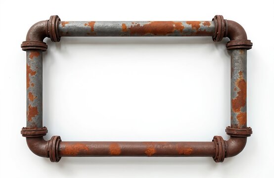 Rectangular frame made of rusty metal pipes. Aged industrial pipes form a border. This empty space can be used for text or images. Vintage construction element.