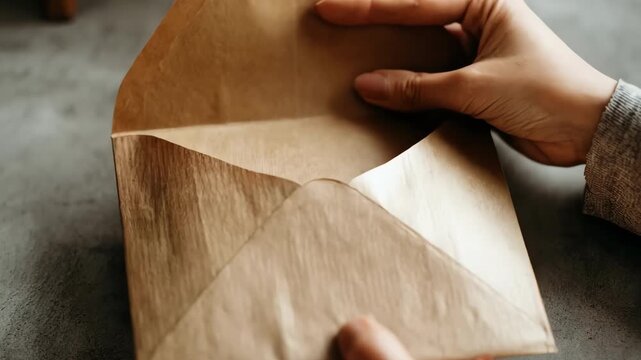 Closeup of hands sealing a biodegradable mailer envelope with recycled paper inside emphasizing ecoconscious parcel delivery methods.