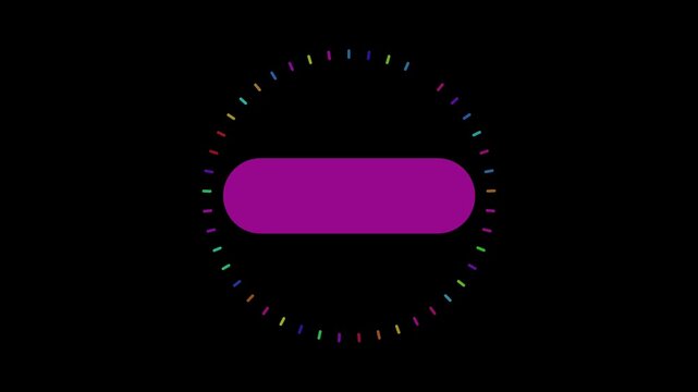 A circular array of colorful, dash-like markers on a black background. A larger, magenta elliptical shape orbits the center, occasionally expanding to fill the inner diameter of the circle.