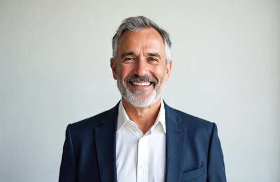 Smiling mature man in dark suit, white shirt stands on light grey studio background. Confident businessman, executive, lawyer manager, aged 50s, with grey hair, beard, looks directly at camera,