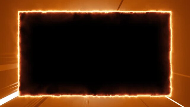 neon bordar fire flames rectangle frame with comic speed radial line lights background