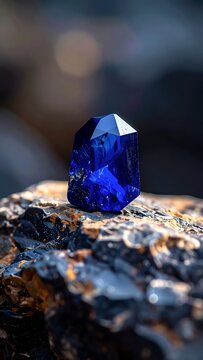 Stunning Deep Blue Sapphire Gemstone on Rough Rock Surface.