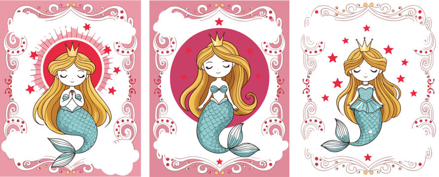 Cute Princess Mermaid Card Collection with Decorative Frames and Stars Fantasy Cartoon Vector Illustration Set