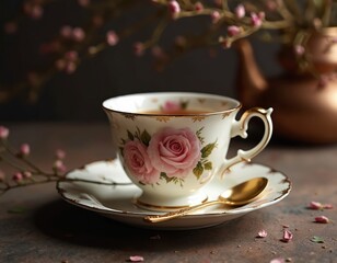 Fototapeta premium Floral teacup with gold spoon on saucer. Pink roses adorn porcelain. Warm beverage served for elegant leisure time. Cozy atmosphere for relaxation.