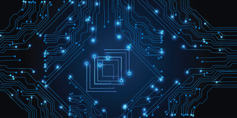 Obraz premium Futuristic Blue Circuit Board Background – Glowing Tech Lines & Nodes on Dark Abstract Digital Technology Wallpaper for AI, Cybersecurity, Innovation