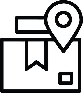 Closed shipping box with a location map pin and marked delivery ribbon
