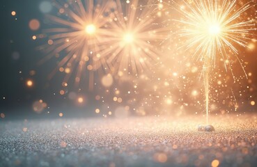 Fototapeta premium Bright fireworks burst over shiny glitter ground. Sparkling lights glow and fade against dark sky. Festive abstract background for celebration, party, or holiday events. Joyful energy.