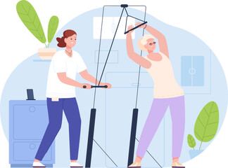 Health recovery with physiotherapy equipment. Doctor help elderly woman