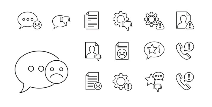 Customer Complaint and Negative Feedback Icon Set with Bad Review, Support Issues and Service Problem Symbols Vector Collection