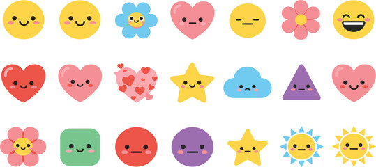 Adorable and Colorful Vector Icons Featuring Happy Faces, Hearts, Stars, Clouds, and Flowers with Cute Expressions